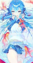 Rule 34 | absurdres, blue eyes, blue hair, blue ribbon, blue skirt, bottle miku, caustics, character name, colored eyelashes, commentary request, crossed bangs, de nim, dress, fish, floating hair, goldfish, hair ribbon, hatsune miku, highres, holding, holding hair, korean commentary, long hair, partially submerged, ribbon, simple background, skirt, smile, teeth, very long hair, vocaloid, water, white background, white dress