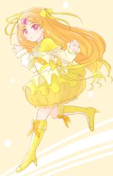Rule 34 | 10s, 1girl, arakawa tarou, blush, boots, bow, bubble skirt, cure muse, cure muse (yellow), dress, eyelashes, high heel boots, high heels, highres, knee boots, kneehighs, long hair, looking at viewer, magical girl, orange hair, pink hair, precure, shirabe ako, skirt, socks, solo, suite precure, very long hair, yellow bow, yellow dress