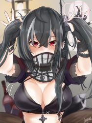 Rule 34 | 1girl, absurdres, adjusting hair, alternate hairstyle, arms up, azur lane, black gloves, black hair, black tank top, blurry, blush, bottle, breasts, cleavage, commentary request, covered mouth, cross, cross earrings, depth of field, earrings, embarrassed, eyes visible through hair, fingerless gloves, gloves, highres, jewelry, large breasts, leogust, long hair, looking at viewer, official alternate costume, red eyes, scarf, sidelocks, signature, solo, spoken blush, sweat, tank top, twintails, u-47 (azur lane), u-47 (eigenen raum) (azur lane)
