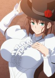Rule 34 | 1girl, black hat, blush, braid, breasts, brown hair, center frills, charlotte corday (fate), charlotte corday (third ascension) (fate), closed mouth, dress, fate/grand order, fate (series), flower, frills, green eyes, hand on own chest, hara (harayutaka), hat, hat flower, highres, huge breasts, juliet sleeves, long sleeves, looking at viewer, puffy sleeves, rose, short hair, side braid, smile, solo, white dress