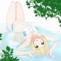 Rule 34 | 1girl, bad leg, bikini, blonde hair, blue bikini, blunt bangs, blush, breasts, creatures (company), female focus, game freak, green eyes, highres, knees up, ko to tsuki, legs together, lillie (pokemon), looking at viewer, lying, navel, nintendo, on back, partially submerged, pokemon, pokemon sm, small breasts, solo, swimsuit, water