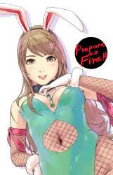 Rule 34 | 1girl, :d, animal ears, between breasts, blush, breasts, brown hair, carina (xiaowoo), cleavage, clothing cutout, english text, fake animal ears, fishnet pantyhose, fishnets, from below, gloves, hand on own hip, hip focus, leotard, lighter, long hair, looking at viewer, looking down, navel, navel cutout, open mouth, original, pantyhose, playboy bunny, rabbit ears, simple background, smile, solo, white background