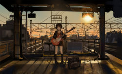 Rule 34 | 1girl, amplifier, black skirt, black socks, brown eyes, brown hair, cable, catzz, choker, closed mouth, collarbone, electric guitar, evening, expressionless, gibson les paul, guitar, highres, holding, holding instrument, instrument, kneehighs, looking at viewer, original, pleated skirt, scenery, skirt, socks, standing, sunset, train station