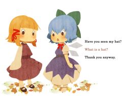 Rule 34 | 2girls, ai-wa, autumn leaves, blonde hair, blunt bangs, bow, bowtie, children&#039;s book, cirno, english text, hair ribbon, i want my hat back, moriya suwako, multiple girls, no headwear, open mouth, parody, red bow, red bowtie, ribbon, simple background, touhou, white background