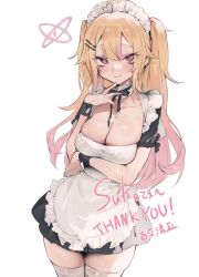 Rule 34 | 1girl, absurdres, ahoge, apron, arm under breasts, black dress, blush, borrowed character, breasts, collarbone, copyright request, cowboy shot, dress, funyo (masa), hair ornament, hairclip, hand up, heart, heart ahoge, highres, large breasts, long hair, maid, maid apron, maid headdress, mole, mole under eye, multicolored hair, pink eyes, pink hair, short dress, short sleeves, skindentation, smile, solo, thank you, thighhighs, twintails, two-tone hair, white apron, white thighhighs, zettai ryouiki