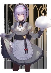 Rule 34 | 1girl, alternate costume, apron, blush, breasts, brown pantyhose, closed mouth, cropped legs, dress, enmaided, frilled apron, frilled dress, frills, gloves, grey dress, grey gloves, hair between eyes, hair ornament, hairclip, hand up, holding, long sleeves, maid, maid headdress, medium breasts, pantyhose, purple eyes, purple hair, serving dome, solo, vocaloid, voiceroid, waist apron, white apron, yuzuki yukari, zoruboi