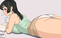 Rule 34 | 1girl, aqua shirt, ass, beer can, black hair, blush, book, brown eyes, brown skirt, can, cigarette, cigarette butt, crossed arms, drink can, grey background, long hair, looking at viewer, lying, miniskirt, nemui333, on stomach, open book, original, panties, shirt, simple background, skirt, sleeveless, sleeveless shirt, smoking, underwear, white panties