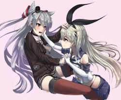 Rule 34 | 10s, 2girls, absurdres, amatsukaze (kancolle), anchor hair ornament, bad id, bad pixiv id, bare shoulders, blonde hair, blue skirt, brown dress, brown eyes, choker, crop top, dabuki, dress, elbow gloves, garter straps, gloves, hair ornament, hair tubes, hand on another&#039;s face, hand on another&#039;s head, headgear, highleg, highres, holding hands, kantai collection, long hair, long sleeves, looking at another, microskirt, multiple girls, neckerchief, open mouth, pink background, pleated skirt, red legwear, sailor collar, sailor dress, shimakaze (kancolle), shirt, silver hair, simple background, skirt, sleeveless, sleeveless shirt, thighhighs, two side up, white gloves