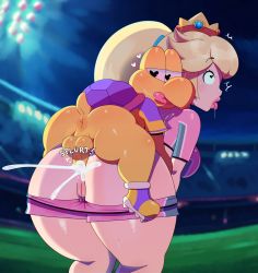 Rule 34 | 1boy, 1girl, absurdres, ahegao, anal, ass, back, blonde hair, blue eyes, breasts, cleft of venus, cum, cum in ass, earrings, heart, heart-shaped pupils, highres, huge ass, jewelry, koopa troopa, legs, lips, long hair, looking back, looking up, mario (series), medium breasts, monster boy, nintendo, orgasm, outdoors, penis, ponytail, princess peach, pussy, saliva, shirt, short shorts, shorts, somescrub, stadium, super mario bros. 1, super mario strikers, symbol-shaped pupils, testicles, thick thighs, thighs, tongue, tongue out, turtle, uncensored, wide hips