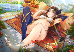 Rule 34 | 1girl, arm behind head, banana, barefoot, black hair, blue gloves, blue thighhighs, blush, breasts, cherry, covered erect nipples, earrings, elbow gloves, faicha, fate/grand order, fate (series), feet, food, fruit, gloves, grapes, hair ribbon, highres, hoop earrings, ishtar (fate), jewelry, linea alba, long hair, looking at viewer, lying, midriff, navel, on back, pillow, red eyes, ribbon, shoes, unworn shoes, single elbow glove, single thighhigh, small breasts, solo, thighhighs, toes, towel, two side up