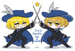 Rule 34 | 1boy, 1girl, arm up, black gloves, black jacket, black pants, blonde hair, blue cape, blue hat, blue necktie, cape, cinq association (identity) (project moon), collared shirt, don quixote (project moon), frilled sleeves, frills, full body, gloves, hat, highres, holding, holding sword, holding weapon, jacket, limbus company, matiyan923, necktie, pants, project moon, rapier, shirt, sinclair (project moon), star (symbol), sword, weapon, white shirt, yellow eyes