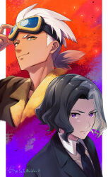 Rule 34 | 2boys, amethio (pokemon), black hair, black jacket, bright pupils, brown jacket, closed mouth, collared shirt, commentary request, creatures (company), friede (pokemon), game freak, goggles, goggles on head, grey hair, hand up, highres, jacket, male focus, multicolored hair, multiple boys, necktie, nintendo, pokemon, pokemon (anime), pokemon horizons, purple eyes, satomune s, shirt, short hair, smile, two-tone hair, white hair, white shirt, yellow eyes