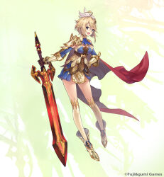 1girl ahoge aqua_eyes arm_guards armor ascot bare_shoulders blonde_hair blue_ascot breasts brown_gloves cape cleavage company_name elbow_gloves fang full_body gloves greatsword green_background hair_ornament hand_on_own_hip highres holding holding_sword holding_weapon huge_weapon kanon_(ta_ga_tame_no_alchemist) kneehighs looking_at_viewer medium_breasts official_art open_mouth ornate_weapon phantom_of_the_kill rinzo second-party_source short_hair shoulder_armor simple_background socks solo sword ta_ga_tame_no_alchemist weapon winged_hair_ornament