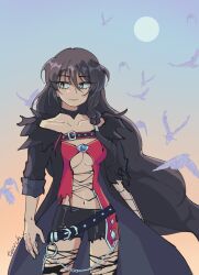 Rule 34 | 1girl, absurdres, artist name, bandaged arm, bandages, belt, black cape, black choker, black hair, black shorts, blue sky, breasts, cape, choker, collarbone, commentary, english commentary, eyelashes, full moon, hair between eyes, highres, long hair, medium breasts, moon, navel, shorts, simple bird, sky, solo, standing, tales of (series), tales of berseria, torn clothes, torn shorts, tovrch, twitter username, two-tone background, velvet crowe