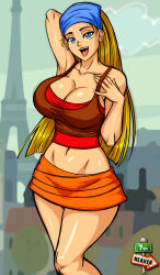 Rule 34 | 1girl, 7th-heaven, arm up, bandana, blonde hair, blue eyes, breasts, cleavage, earrings, eiffel tower, female focus, highres, jewelry, large breasts, lindsay (total drama), long hair, looking at viewer, midriff, open mouth, skirt, solo, total drama