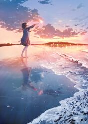 Rule 34 | 1girl, arm behind back, barefoot, beach, black hair, cardigan, cloud, cloudy sky, from side, full body, gradient sky, hanekoto, highres, holding fireworks, long hair, mountainous horizon, ocean, open cardigan, open clothes, original, outdoors, pleated skirt, reflection, reflective water, skirt, sky, solo, twitter username, wading