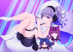 1girl absurdres black_shorts blade_(honkai:_star_rail) character_doll full_body grey_eyes grey_hair hair_between_eyes headphones highres holding holding_phone honkai:_star_rail honkai_(series) kafka_(honkai:_star_rail) knees_together_feet_apart knees_up laughy88 legs long_hair looking_at_viewer lying no_shoes on_back phone ponytail shirt shorts silver_wolf_(honkai:_star_rail) single-shoulder_shirt socks thigh_strap white_shirt white_socks