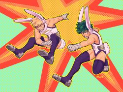 Rule 34 | 2boys, animal ears, bakugou katsuki, bare arms, blonde hair, body freckles, boku no hero academia, clenched hand, commentary, cosplay, english commentary, freckles, full body, gloves, green hair, habkart, highres, jumping, leotard, looking at viewer, male focus, midoriya izuku, mirko, mirko (cosplay), multiple boys, open mouth, outline, rabbit ears, rabbit tail, short hair, spiked hair, star (symbol), starry background, tail, white gloves, white leotard, yellow outline