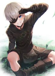 Rule 34 | 1boy, adjusting clothes, black blindfold, black choker, black gloves, black shirt, black shorts, blindfold, blue eyes, blush, choker, gloves, grey hair, grin, highres, leaf, long sleeves, looking at viewer, male focus, nier:automata, nier (series), on grass, shirt, short hair, shorts, sitting, smile, usami (usami l), 9s (nier:automata)