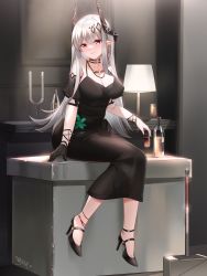 Rule 34 | 1girl, absurdres, anklet, arknights, black choker, black dress, black footwear, black gloves, blush, bottle, bracelet, breasts, candle, choker, cleavage, closed mouth, collarbone, commentary request, cup, detached sleeves, dress, drink, drinking glass, earrings, full body, gloves, grey hair, hair ornament, hammer, heart, high heels, highres, holding, holding cup, horns, indoors, jewelry, lamp, large breasts, lingshalan, long hair, looking at viewer, mudrock (arknights), mudrock (obsidian) (arknights), necklace, official alternate costume, pointy ears, purple eyes, revision, short sleeves, signature, single earring, single glove, sitting, smile, solo, toe cleavage, very long hair
