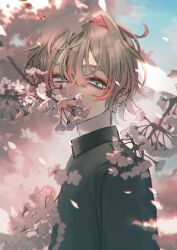 Rule 34 | 1boy, absurdres, aqua eyes, blonde hair, blue sky, branch, cherry blossoms, flower, flower over mouth, gakuran, highres, long sleeves, looking at viewer, male focus, mogama (kaese), multicolored hair, open mouth, original, pink flower, pink hair, pink theme, school uniform, short hair, sky, smile, solo, tree