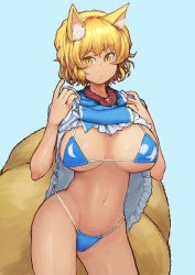 Rule 34 | 1girl, absurdres, animal ears, arched back, bikini, blonde hair, blue background, blue bikini, blush, breasts, chanta (ayatakaoisii), clothes lift, dress, dress lift, expressionless, fox ears, fox tail, highres, hip focus, large breasts, looking at viewer, multiple tails, no headwear, outline, shiny skin, short hair, simple background, solo, stomach, swimsuit, tabard, tabard lift, tail, thighs, touhou, wavy hair, white dress, yakumo ran