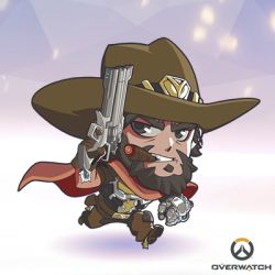 Rule 34 | 1boy, artist request, beard, black hair, cassidy (overwatch), chibi, cigar, clenched teeth, copyright name, facial hair, full body, gun, handgun, hat, lowres, male focus, mouth hold, official art, overwatch, overwatch 1, revolver, running, solo, teeth, weapon