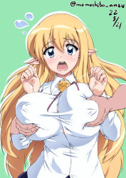 Rule 34 | 1boy, 1girl, blonde hair, blue eyes, blush, breasts, clothes, clothes grab, covered erect nipples, elf, embarrassed, grabbing, grabbing another&#039;s breast, grabbing from behind, green background, green panties, large breasts, looking at viewer, momoshiba anzu, panties, pointy ears, simple background, tiffania westwood, underwear, zero no tsukaima
