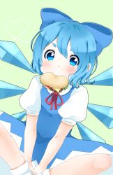 Rule 34 | 1girl, blue eyes, blue hair, blush, bow, burger, cirno, commentary, eating, food, food in mouth, green background, hair bow, heart, matching hair/eyes, mouth hold, nashirasauce, short hair, simple background, solo, touhou, wings