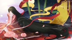 Rule 34 | 1girl, absurdly long hair, amino (tn7135), bad id, bad pixiv id, bamboo, black eyes, black hair, cherry blossoms, covering own mouth, flower, full moon, hime cut, houraisan kaguya, japanese clothes, long hair, long sleeves, looking at viewer, moon, petals, rose, solo, touhou, very long hair, wide sleeves