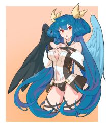 Rule 34 | 1girl, angel wings, asymmetrical wings, bad id, bad twitter id, bare shoulders, black panties, blue hair, breasts, cleavage, dizzy (guilty gear), guilty gear, guilty gear xrd, hair ribbon, hair rings, hand on own chest, kuangren k, large breasts, long hair, mature female, midriff, navel, panties, pink background, red eyes, ribbon, simple background, tail, tail ornament, tail ribbon, thigh strap, twintails, underwear, wings, yellow ribbon