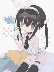 Rule 34 | 1girl, :o, aqua eyes, arm cuffs, arm support, bandaid, bandaid on leg, bare arms, bare shoulders, bed sheet, between legs, black choker, black hair, black necktie, black thighhighs, blue eyes, bow, bow hairband, cable, carrot, carrot-shaped pillow, choker, cowboy shot, daizu (melon-lemon), detached collar, eyes visible through hair, fake tail, fang, film grain, food, food bite, from above, from side, furrowed brow, gloves, gradient eyes, grey background, groin, hair between eyes, hair bow, hair ornament, hairband, hand between legs, hand up, head tilt, heterochromia, holding, holding carrot, holding food, holding vegetable, implied vibrator, leaf, leotard, long hair, looking at viewer, looking to the side, looking up, multicolored eyes, muted color, necktie, no nose, original, parted lips, rabbit tail, saliva, saliva trail, sidelocks, sitting, skin fang, solo, straight hair, strapless, strapless leotard, stuffed carrot, sweat, symbol in eye, tail, thick eyelashes, thighhighs, twintails, vegetable, white bow, white gloves, white hairband, white leotard, wing collar, wing hair ornament, x hair ornament