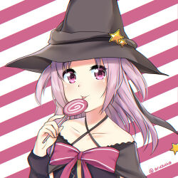 Rule 34 | 1girl, arusuko, bare shoulders, black cape, black hat, black shirt, blush, candy, cape, criss-cross halter, food, halterneck, hat, hat ornament, highres, holding, holding candy, holding food, holding lollipop, lollipop, looking at viewer, magia record: mahou shoujo madoka magica gaiden, magical girl, mahou shoujo madoka magica, misono karin, parted bangs, pink ribbon, purple eyes, purple hair, ribbon, shirt, solo, star (symbol), star hat ornament, striped, striped background, tongue, tongue out, two side up, upper body, witch hat