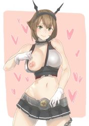 Rule 34 | 1girl, black skirt, blush, border, breasts, brown hair, chain, collar, gloves, green eyes, headgear, heart, heart background, highres, kantai collection, large areolae, large breasts, looking at viewer, metal belt, metal collar, miniskirt, mutsu (kancolle), navel, nipples, one breast out, pink background, pleated skirt, short hair, skirt, smile, solo, standing, striped clothes, striped skirt, upper body, uru (uru0000), white border, white gloves