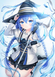 Rule 34 | 1girl, absurdres, adjusting clothes, adjusting headwear, black dress, black hat, blue background, blue eyes, blue hair, boots, braid, capelet, closed mouth, collared shirt, crossed bangs, dress, gradient background, hair between eyes, hat, highres, holding, holding staff, huge filesize, jacket, long hair, long sleeves, mushoku tensei, roxy migurdia, seiza, shirt, sitting, smile, solo, staff, twin braids, twintails, user safm5477, very long hair, water, white background, white capelet, white footwear, white jacket, white shirt, witch hat