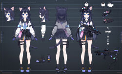 Rule 34 | &gt;:), 1girl, animal ears, black background, black footwear, black gloves, black hair, black headwear, black sailor collar, black skirt, black socks, blue eyes, braid, cabbie hat, cat ears, cat girl, cat tail, closed mouth, commentary request, copyright request, fuyuno yuuki, gloves, gun, hair over shoulder, hat, highres, holding, holding gun, holding weapon, long hair, long sleeves, multiple views, pleated skirt, puffy long sleeves, puffy sleeves, purple gloves, sailor collar, school uniform, serafuku, shirt, shoe soles, short eyebrows, skirt, smile, socks, tail, thick eyebrows, tilted headwear, twin braids, v-shaped eyebrows, very long hair, virtual youtuber, weapon, weapon request, white shirt