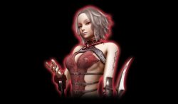 Rule 34 | 1girl, angela (castlevania), black background, breasts, castlevania (series), castlevania pachislot, choker, dark persona, looking at viewer, red eyes, serious, short hair, sideboob, silver hair, simple background, solo, tattoo
