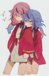Rule 34 | 2others, :t, alternate costume, alternate hairstyle, blue eyes, blue hair, closed mouth, cropped legs, hair between eyes, haori, japanese clothes, kimono, long hair, long sleeves, meika hime, meika mikoto, miwasiba, multicolored hair, multiple others, pink eyes, pink hair, red shorts, short kimono, shorts, simple background, thick eyebrows, twintails, two-tone hair, vocaloid, white background, white kimono, wide sleeves