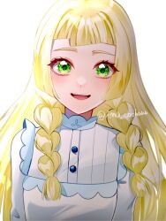 Rule 34 | 1girl, :d, blonde hair, blush, braid, buttons, creatures (company), dress, eyelashes, game freak, green eyes, happy, highres, kamicho musharu, lillie (pokemon), long hair, looking at viewer, nintendo, open mouth, pokemon, pokemon (anime), pokemon journeys, smile, solo, teeth, tongue, twin braids, twitter username, upper body, upper teeth only, watermark, white background, white dress