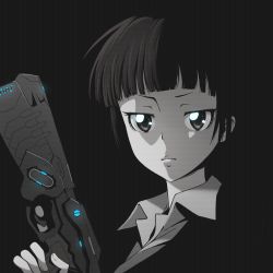 Rule 34 | 1girl, black background, blunt bangs, closed mouth, commentary, dominator (gun), english commentary, glowing, glowing weapon, greyscale, gun, handgun, highres, holding, holding gun, holding weapon, jitome, kukie-nyan, looking at viewer, monochrome, nose shade, pistol, psycho-pass, serious, shirt, short hair, simple background, solo, spot color, trigger discipline, tsunemori akane, tsurime, upper body, weapon, wing collar
