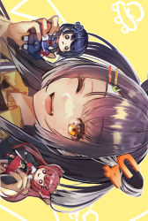Rule 34 | 1girl, ;d, absurdres, amagase muyu, black hair, character doll, doll, dutch angle, grey hair, hair ornament, hairclip, highres, holding, holding doll, looking at viewer, multicolored hair, nijisanji, one eye closed, open mouth, ponto nei, ranunculus, satou bourei, smile, solo, streaked hair, umise yotsuha, upper body, virtual youtuber, yellow background, yellow eyes