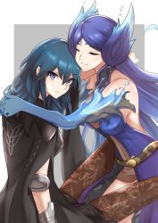 Rule 34 | 2girls, blue eyes, blue hair, blush, breasts, brighid (xenoblade), brown pantyhose, bustier, byleth (female) (fire emblem), byleth (fire emblem), cape, cleavage, closed eyes, collarbone, ega-chan, elbow gloves, fire, fire emblem, fire emblem: three houses, gloves, hair between eyes, hair ornament, highres, hug, itou shizuka, large breasts, long hair, looking at viewer, multiple girls, nintendo, pantyhose, pantyhose under shorts, print pantyhose, purple hair, shorts, simple background, smile, voice actor connection, xenoblade chronicles (series), xenoblade chronicles 2