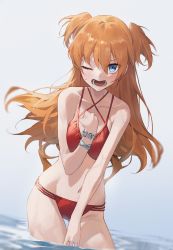 Rule 34 | 1girl, bikini, blue eyes, blush, bracelet, breasts, brown hair, curvy, hand on own chest, highres, jewelry, long hair, looking at viewer, medium breasts, neon genesis evangelion, one eye closed, open mouth, red bikini, sb lama, short twintails, simple background, solo, souryuu asuka langley, sweat, sweatdrop, swimsuit, tsundere, twintails, two side up, very long hair, water