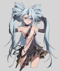 Rule 34 | 1girl, :p, armpits, bare shoulders, big hair, black choker, black dress, black gloves, blue eyes, blue eyeshadow, blue hair, breasts, character request, choker, collarbone, cropped legs, dress, elbow gloves, eyeshadow, girls&#039; frontline, gloves, grabbing, grey background, heart, heart-shaped pupils, highres, layered dress, long hair, looking at viewer, makeup, no bra, no panties, pa-15 (lady thief of champagne) (girls&#039; frontline), parted bangs, revealing clothes, short dress, small breasts, solo, symbol-shaped pupils, tongue, tongue out, very long hair, zzzearly