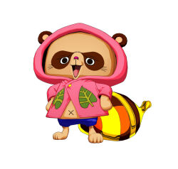 Rule 34 | 1boy, artist request, bag, bandai namco, black eyes, blue shorts, brown fur, closed hand, coat, green trim, hands on own hips, highres, hood, hoodie, leaf, leaf print, male focus, one piece, one piece: unlimited world red, pato (one piece), pink coat, pink hoodie, racoon ears, short shorts, shorts, source request, tanooki, toei animation, toei company, whiskers