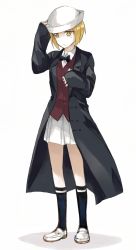 Rule 34 | 10s, 1girl, alternate headwear, bad id, bad twitter id, bartender, black bow, black bowtie, black coat, black socks, blonde hair, blunt bangs, bow, bowtie, brown vest, closed mouth, coat, commentary, cosplay, cutlass (girls und panzer), dixie cup hat, dress shirt, frown, full body, girls und panzer, hand on headwear, handkerchief, hat, highres, loafers, long sleeves, looking to the side, military hat, miniskirt, ogin (girls und panzer), ogin (girls und panzer) (cosplay), open clothes, open coat, pleated skirt, print socks, school uniform, shirt, shoes, short hair, simple background, single horizontal stripe, skirt, sleeves past wrists, socks, solo, standing, vest, white background, white footwear, white shirt, white skirt, wing collar, yellow eyes, yuuyu (777)