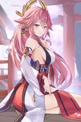 Rule 34 | 1girl, absurdres, animal ears, bare shoulders, blush, breasts, cherry blossoms, detached sleeves, floppy ears, fox, fox ears, genshin impact, hair ornament, hakama, highres, japanese clothes, large breasts, long hair, looking at viewer, looking back, nontraditional miko, pi tayuko, pink hair, purple eyes, red skirt, sideboob, sitting, skirt, smile, solo, very long hair, wariza, wide sleeves, yae miko