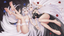 Rule 34 | 2girls, absurdres, azur lane, barefoot, blue eyes, blush, bracelet, breasts, cleavage, closed mouth, commentary request, emden (azur lane), feet, hair ornament, highres, ichikushi mojibake, jewelry, large breasts, legs, legs up, long hair, looking at viewer, lying, multiple girls, on back, on side, parted lips, red eyes, revision, smile, soles, thigh strap, thighs, toes, white hair