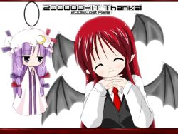 Rule 34 | 2girls, ^ ^, bat wings, blush, closed eyes, collared shirt, demon girl, embodiment of scarlet devil, expressionless, female focus, frills, hat, head tilt, head wings, jitome, koakuma, long sleeves, looking at viewer, mob cap, multiple girls, patchouli knowledge, robe, shirt, simple background, touhou, vest, white background, wings