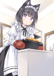 Rule 34 | 1girl, animal ear fluff, animal ears, apron, black hair, black ribbon, black skirt, blush, bread, cat ears, closed mouth, commentary request, day, food, holding, indoors, juliet sleeves, long sleeves, looking at viewer, maid headdress, neck ribbon, original, oven mitts, puffy sleeves, purple eyes, ribbon, shirt, short hair, skirt, smile, solo, uniform, waitress, wataame27, white apron, white shirt, window